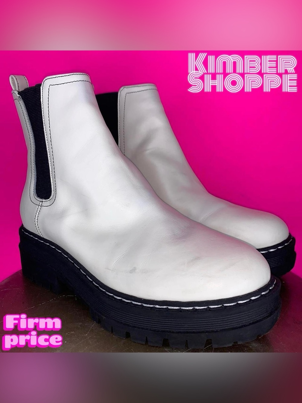 Marc Fisher Padmia White Leather Chunky Lug Sole Chelsea Boot US 6.5 UK 5 EU 37